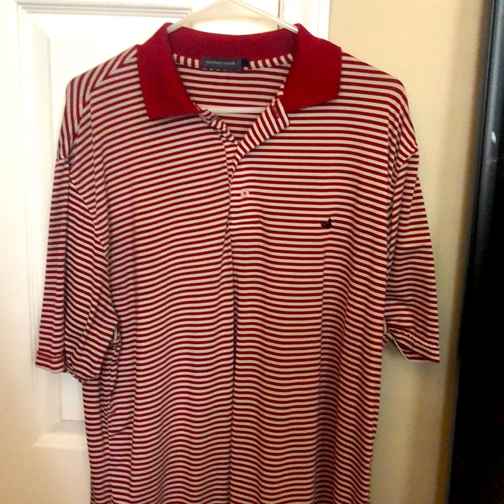 Southern Marsh maroon stripe polo shirt sleeve.   C
